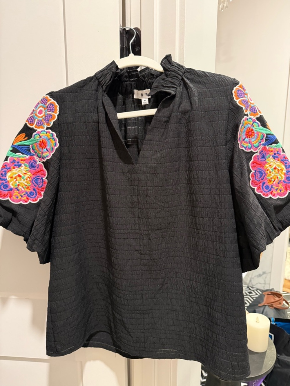 THML Black Blouse with Bright Multicolor Floral Sleeve Embroidery
